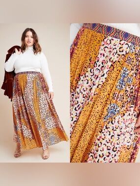 NWT Anthropologie Mustard Patchwork Animal Print Maxi Skirt